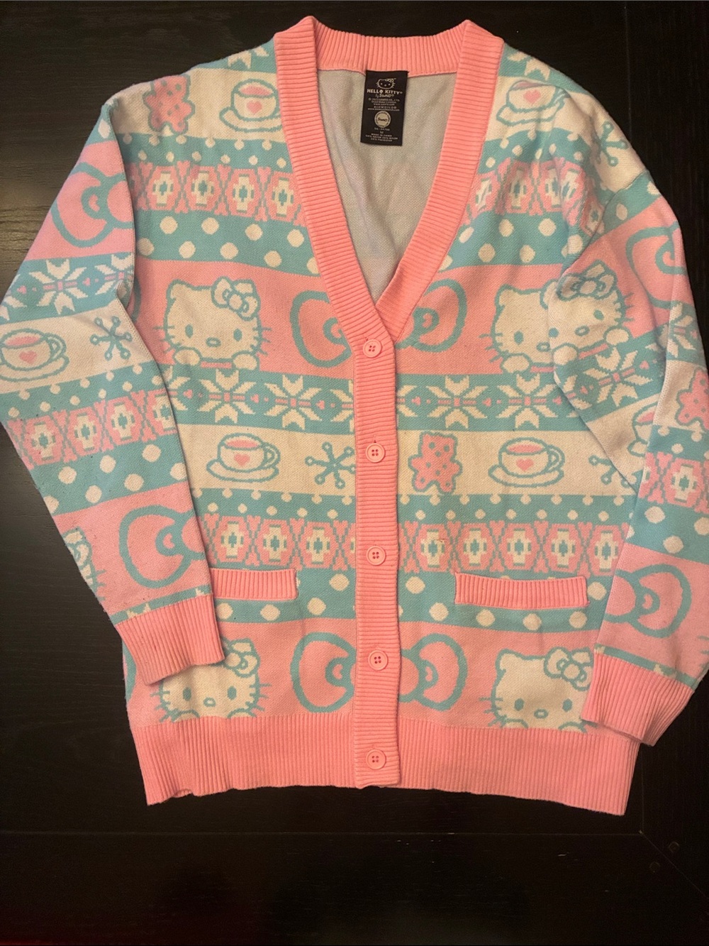 Hello Kitty by Sanro Pink & Aqua Knit Button-Up Cardigan medium